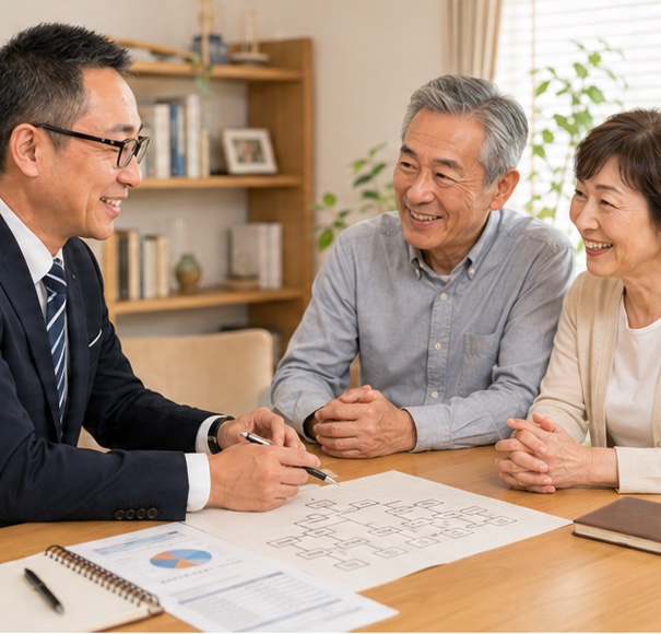 子育てを終えたご夫婦のご相談の様子 — ライフプランを囲んで笑顔で打ち合わせ