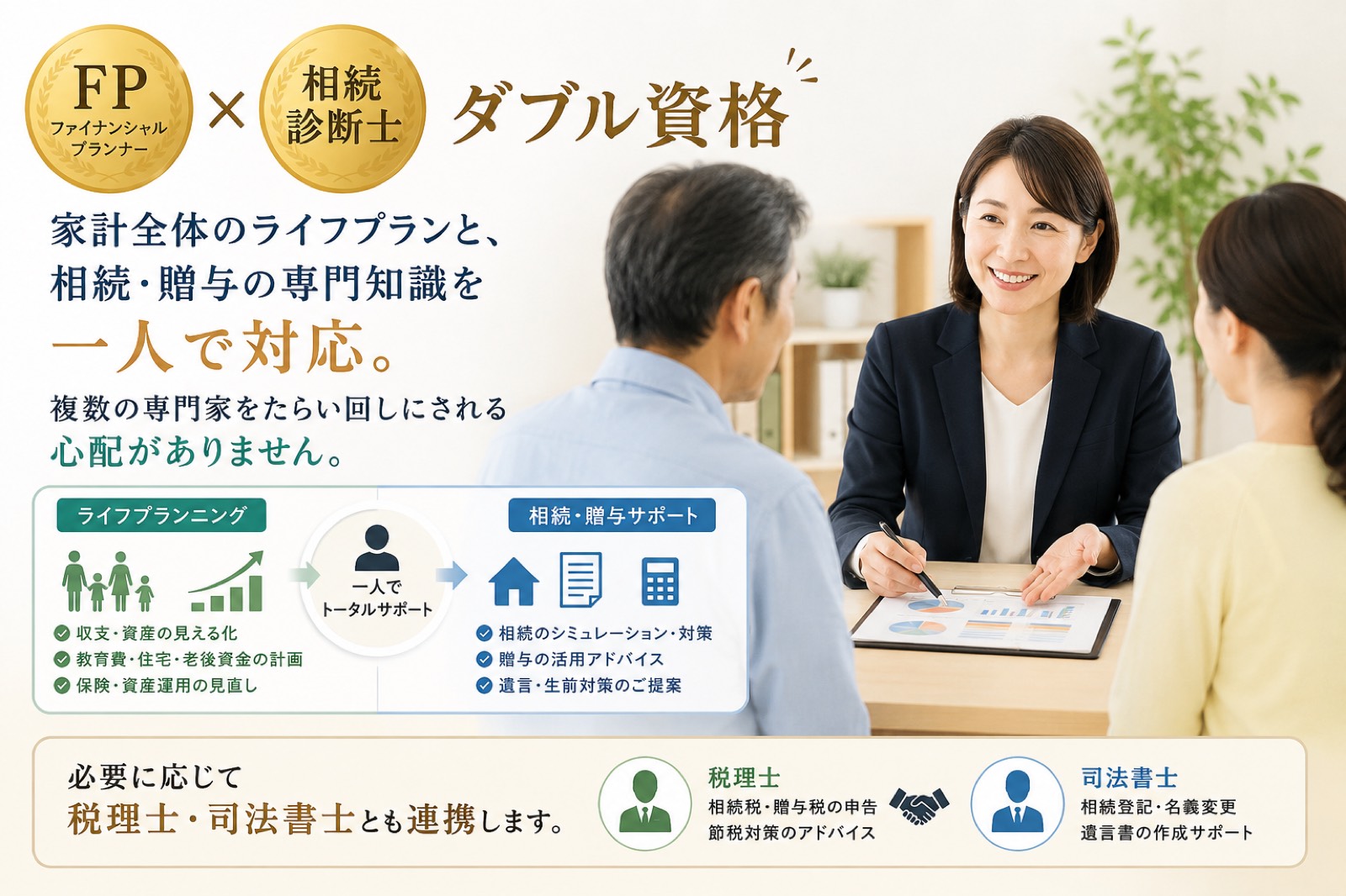 FP×相続診断士のダブル資格 — ライフプランと相続の両方をワンストップで対応