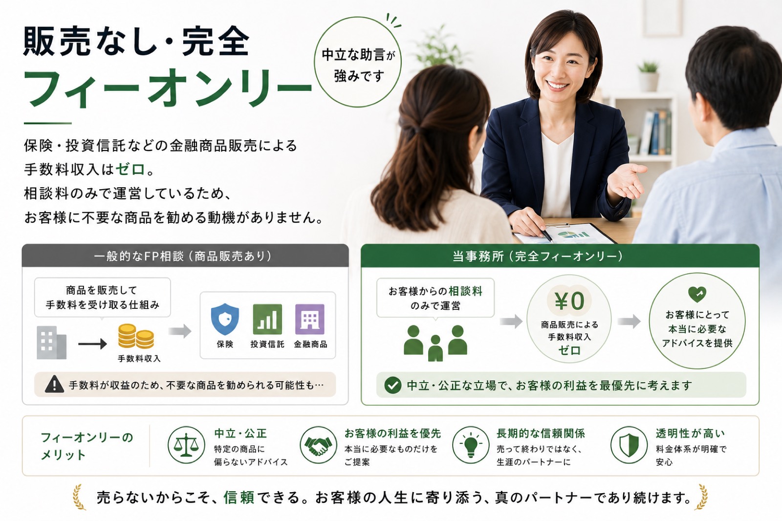販売なし・完全フィーオンリー — 金融商品販売の手数料収入ゼロ、相談料のみの中立な運営