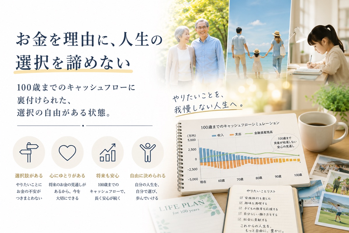 04 お金を理由に、人生の選択を諦めない — 100歳までのキャッシュフローに裏付けられた、選択の自由がある状態。